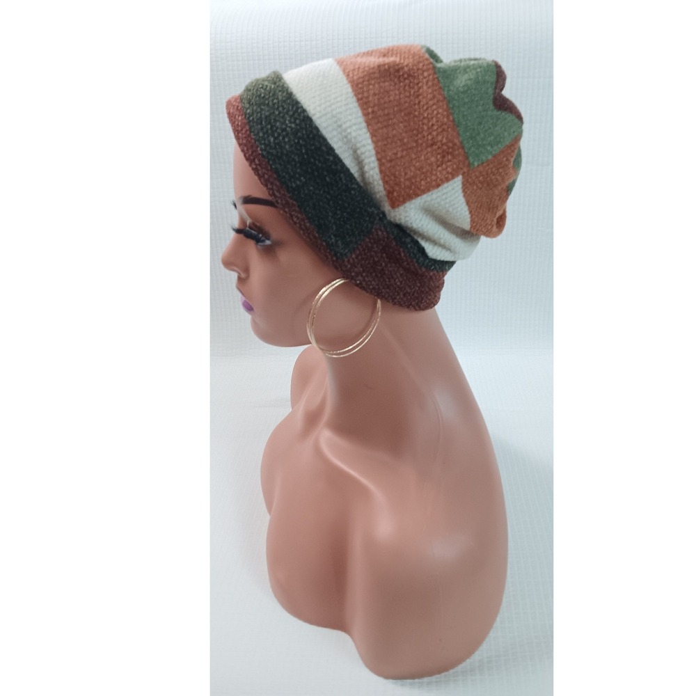 Handmade Striped Cuffed Beanie Multi-Color Earth Tone Knit Slouchy Winter Hat